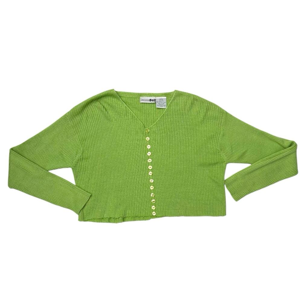 VTG Delores Bell Sz M Lime Green Ribbed Ramie Blend Cropped Long Sleeve Top Y2K - Picture 2 of 12
